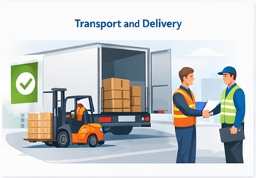 Погрузка груза, транспортировка и подтверждение успешной доставки.